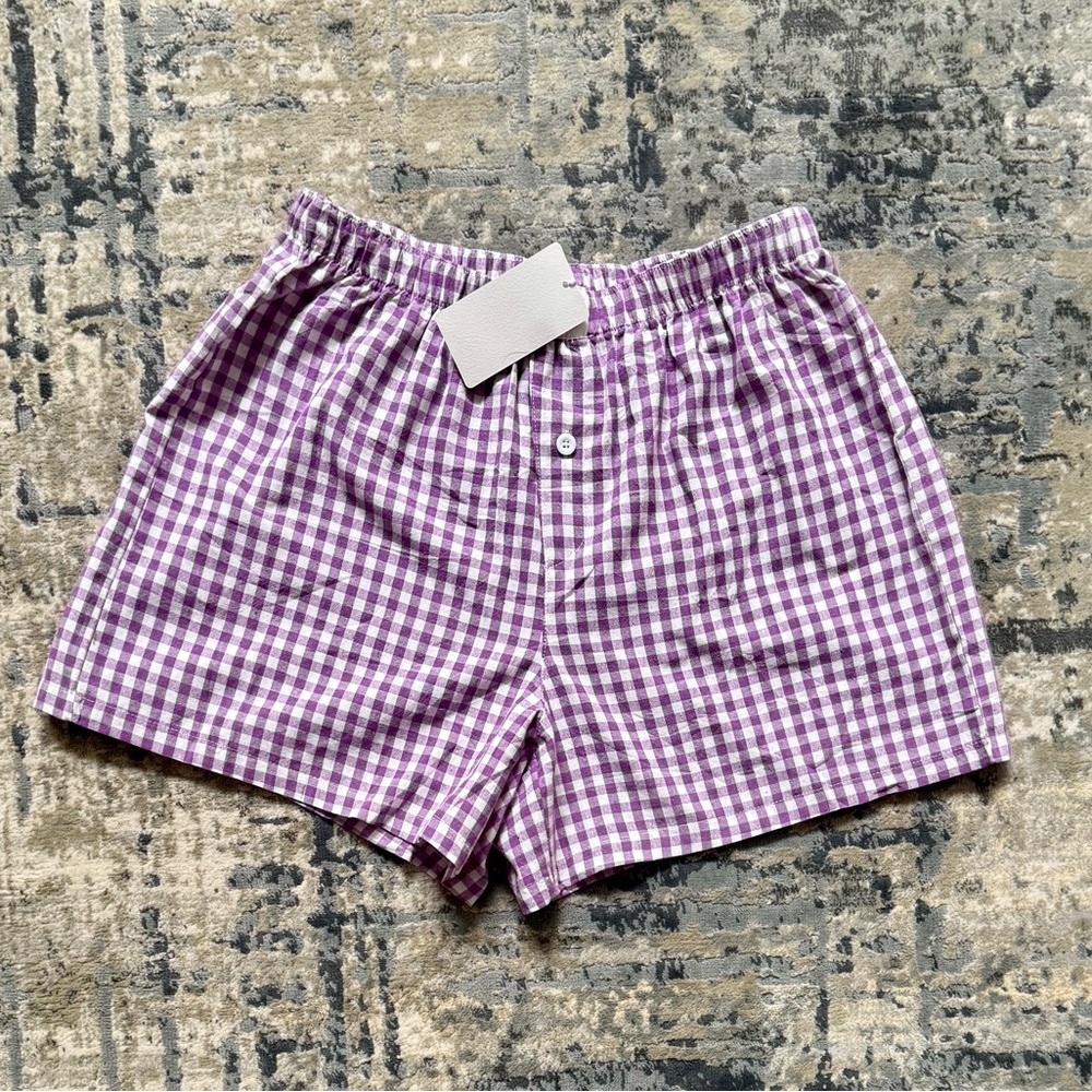 NWOT Boutique Purple & White Gingham Women's Boxer Shorts Size Medium